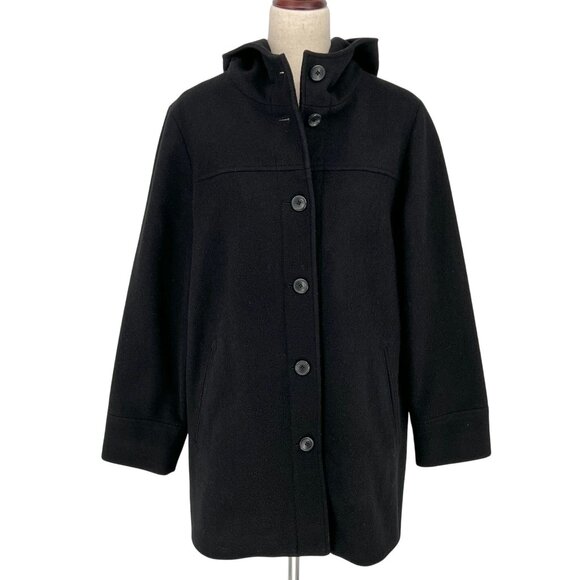 Eddie Bauer Womens Wool Blend Hooded Coat Size M Black Mid Length Button Up - Picture 1 of 9